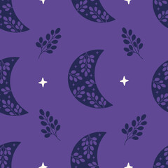 Stoffe zum Nähen Floral moon vector seamless pattern. Trendy illustration with leaf, stars on purple background. Boho luna print for fabric design, textile, kids and baby clothes, wrapping paper, wallpaper.
