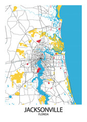 Poster Jacksonville - Florida map. Road map. Illustration of Jacksonville - Florida streets. Transportation network. Printable poster format.