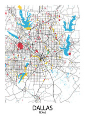 Poster Dallas - Texas map. Road map. Illustration of Dallas - Texas streets. Transportation network. Printable poster format.