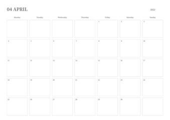 April 2022 simple design digital and printable calendar template illustration. Notes, scheduler, diary, calendar, memo, planner document template background. 