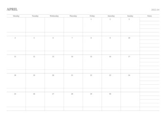 April 2022 simple design digital and printable calendar template illustration. Notes, scheduler, diary, calendar, memo, planner document template background. 
