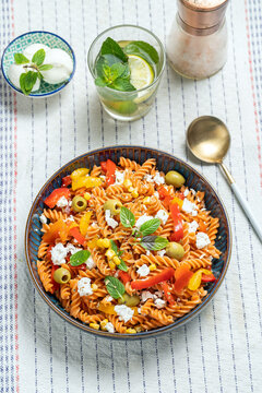  Red Lentils Pasta with vegetables and feta cheese