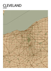 Poster Cleveland - Ohio map. Road map. Illustration of Cleveland - Ohio streets. Transportation network. Printable poster format.