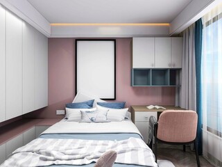 Fototapeta na wymiar 3D rendering, elegant pink bedroom of modern house, comfortable bed with single sofa and tea table