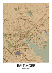Naklejka na ściany i meble Poster Baltimore - Maryland map. Road map. Illustration of Baltimore - Maryland streets. Transportation network. Printable poster format.