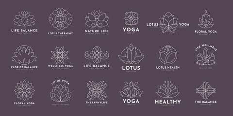 Doodle Yoga and and lotus logo, set of hand-drawn botanical, floral set of wildflowers and herbs, vector objects isolated on a white background. One Line Drawing Vector Flowers Set.