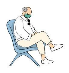 Old man masked sleeping waiting at airport cartoon hand drawing illustration