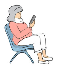 Old woman traveler play phone at airport cartoon hand drawing illustration