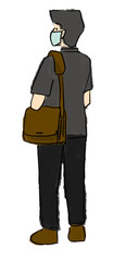 Obraz premium Man mask with labtop bag at airport cartoon hand drawing illustration