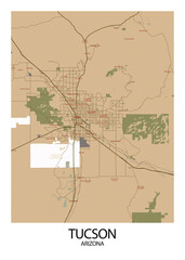 Poster Tucson - Arizona map. Road map. Illustration of Tucson - Arizona streets. Transportation network. Printable poster format.