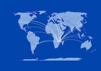 Harare-Zimbabwe on blue background,connections of Harare-Zimbabwe to other major cities around the world.