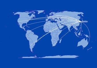 Hiroshima-Japan on blue background,connections of Hiroshima-Japan to other major cities around the world.