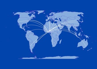 Lomé-Togo on blue background,connections of Lomé-Togo to other major cities around the world.