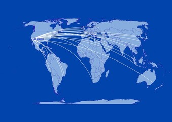 Los Angeles-United States of America on blue background,connections of Los Angeles-United States of America to other major cities around the world.
