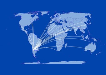 Mendoza-Argentina on blue background,connections of Mendoza-Argentina to other major cities around the world.