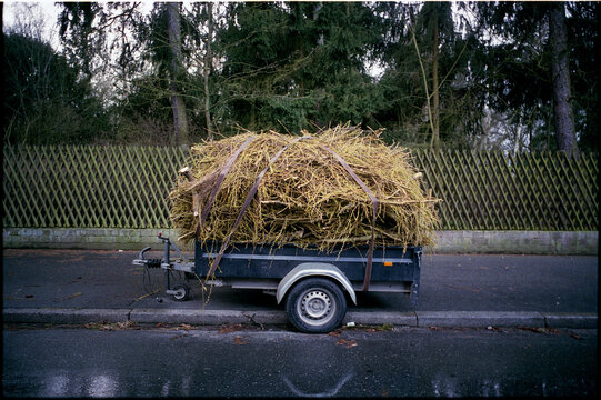 Car trailer with kindling parked on the street