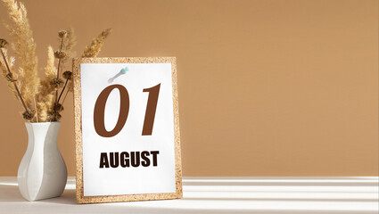 august 1. 1th day of month, calendar date.White vase with dead wood next to cork board with numbers. White-beige background with striped shadow. Concept of day of year, time planner, summer month