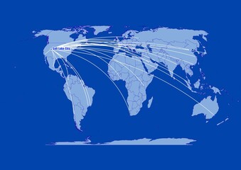 Salt Lake City-United States of America on blue background,connections of Salt Lake City-United States of America to other major cities around the world.