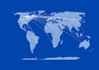 Vancouver-Canada on blue background,connections of Vancouver-Canada to other major cities around the world.