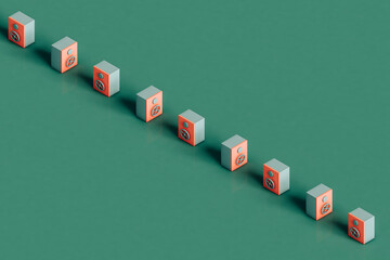 a row of Close pink Safe box on green background 