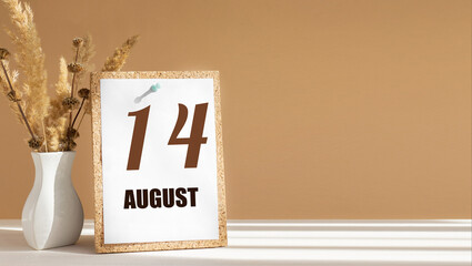 august 14. 14th day of month, calendar date.White vase with dead wood next to cork board with numbers. White-beige background with striped shadow. Concept of day of year, time planner, summer month