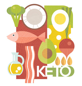 Modern Keto Diet Design With Geometric Collage Of Keto Friendly Foods. Ketogenic Diet For Healthy Weight Loss. Vector Illustration For Social Media, Banners, Posters And Covers. 