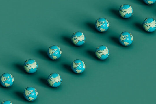 rows of planet earth on green background. 3d render