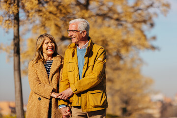 Cheerful senior couple standing in autumn park