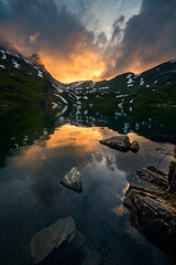 spectacular sunset at an alpine lake near Grindelwald in the Swiss Alps
