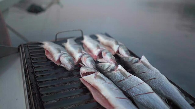 Smoke rises from outdoor grill with small gutted fish, sailing yacht