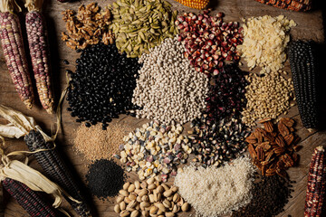 corn, beans, rice and different grains 