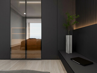 3D rendering, elegant and modern bedroom design, big bed with overcoat cabinet, coffee table, TV, carpet, etc., very comfortable and leisure.