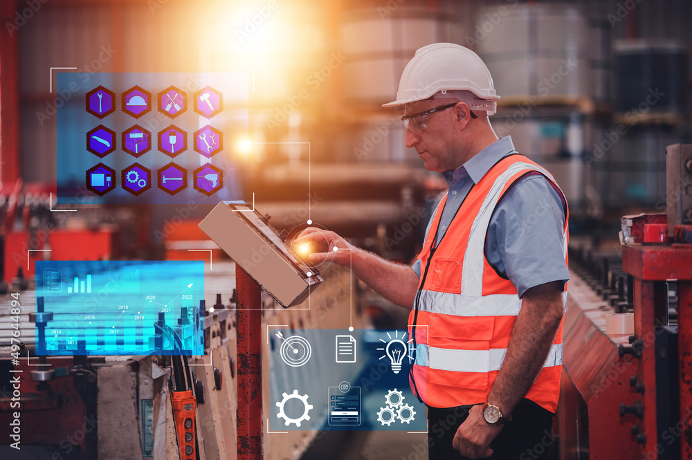 Poster engineer working in factory industrial and use technology visual screen control manufacturing in fac