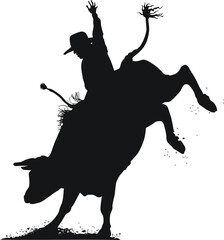 Vector silhouettes of a rodeo cowboy riding a bucking bull. 
