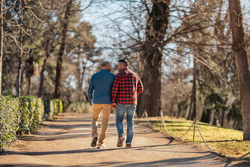 Gay couple in love holding hands in park