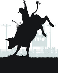 Vector silhouettes of a rodeo cowboy riding a bucking bull in a rodeo arena. 