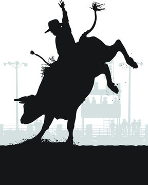 Vector Silhouettes Of A Rodeo Cowboy Riding A Bucking Bull In A Rodeo Arena. 