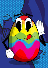 Easter Egg holds hand at his ear, listening. Cartoon character with funny face for the Easter holiday.