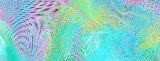 Abstract Screen Holographic gradient blended unique pattern enhanced half tone, digital soft noise and grain textures for trending Lo-Fi background one of kind art in pastel and spring rainbow colors