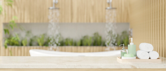 Close-up, Bathroom tabletop with bathroom utensils set and copy space