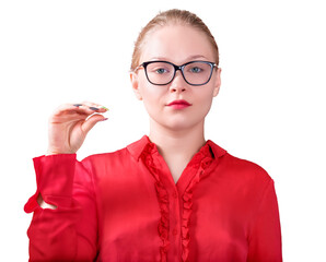 The girl gestures with her hand to indicate shut your mouth