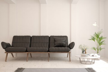 White living room with black leather sofa. Scandinavian interior design. 3D illustration