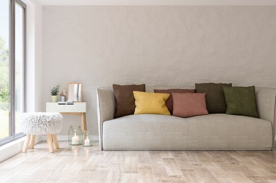 Interior concept of living room. Scandinavian interior design. 3D illustration