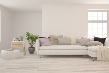 White living room with sofa. Scandinavian interior design. 3D illustration