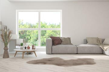 Minimalist living room in white color with sofa and summer landscape in window. Scandinavian interior design. 3D illustration