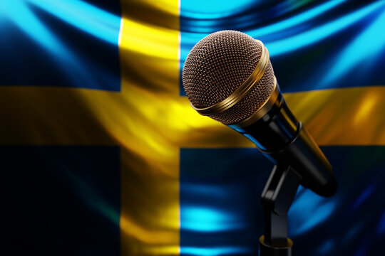 Microphone on the background of the National Flag of  Sweden, realistic 3d illustration. music award, karaoke, radio and recording studio sound equipment