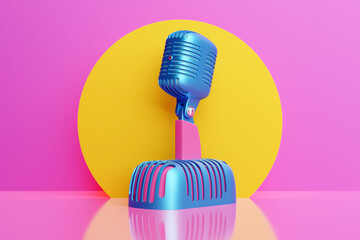 Colorful  metal retro microphone, classic metal microphone on a bright background, close-up view. Live show, music recording, entertainment concept. 3d illustration