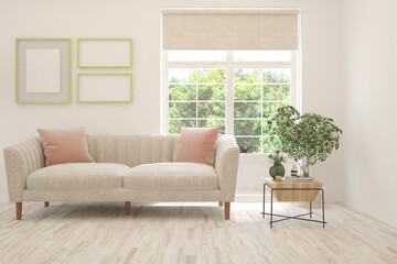 White living room with sofa and summer landscape in window. Scandinavian interior design. 3D illustration