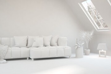 Mock up of minimalist living room in white color with sofa. Scandinavian interior design. 3D illustration