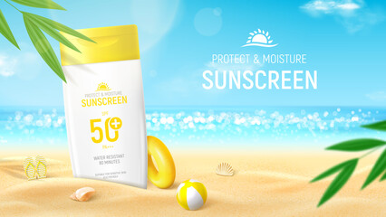 Template of sunscreen ad banner. Banner with jar of sunscreen on beach sand with sunglasses, tropical plant, seashells, inflatable ball, ring. Vector 3d ad illustration for promotion of summer goods.